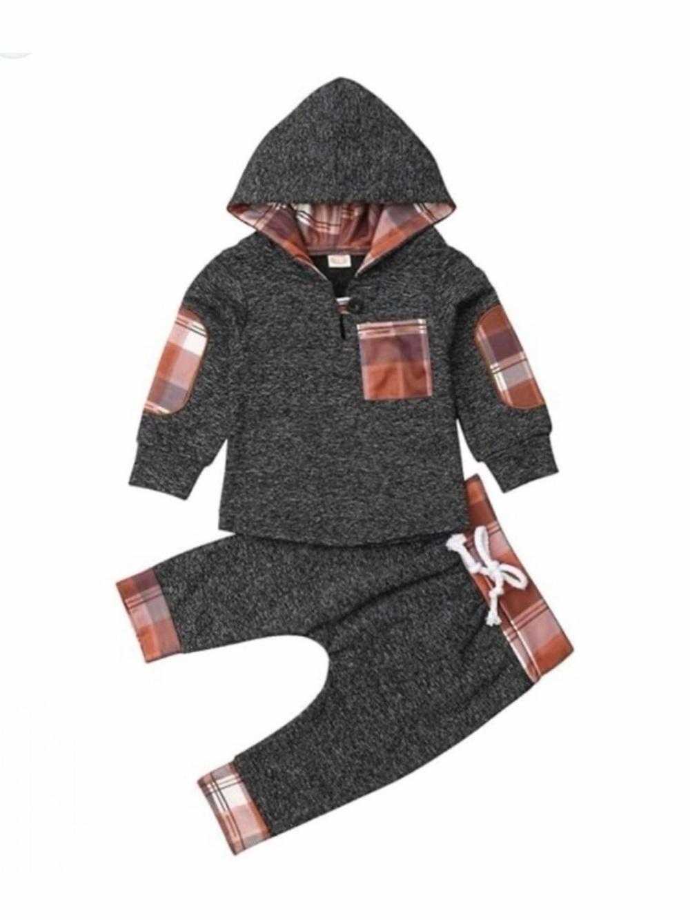 Amazon Charcoal Hoodie and Jogger Set with Brown Plaid Accents